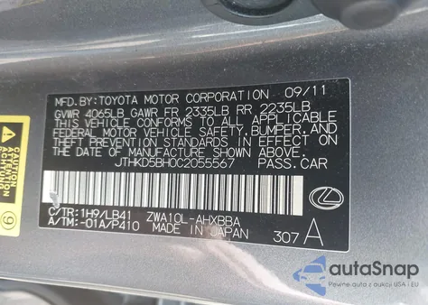 2012 Lexus Ct 200H Premium from USA, damaged, VIN JTHKD5BH0C2055567